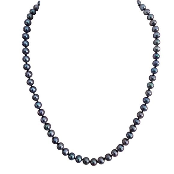 Peacock Blue Pearl Necklace 925 Sterling Silver Clasp Hand Knotted A0039 - Picture 12 of 15